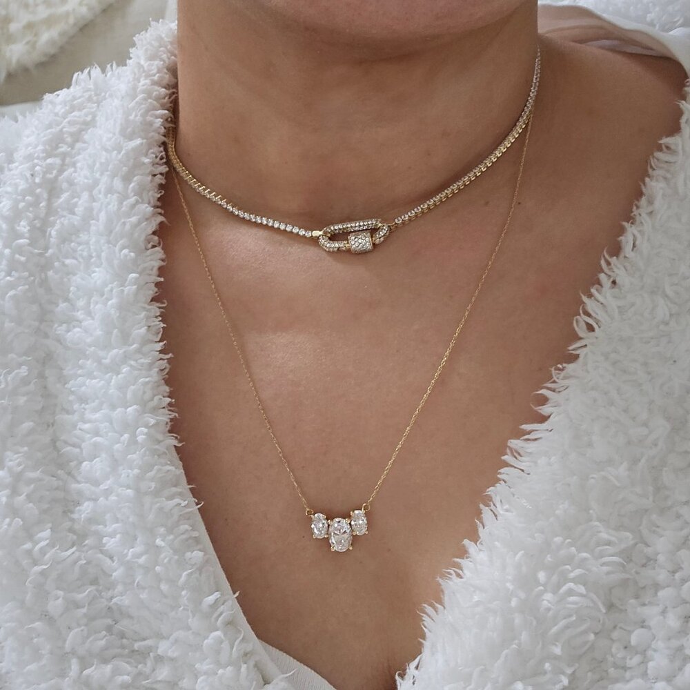 Solid 14k Diamonique DQCZ Three Stone Necklace - Picture 10 of 11